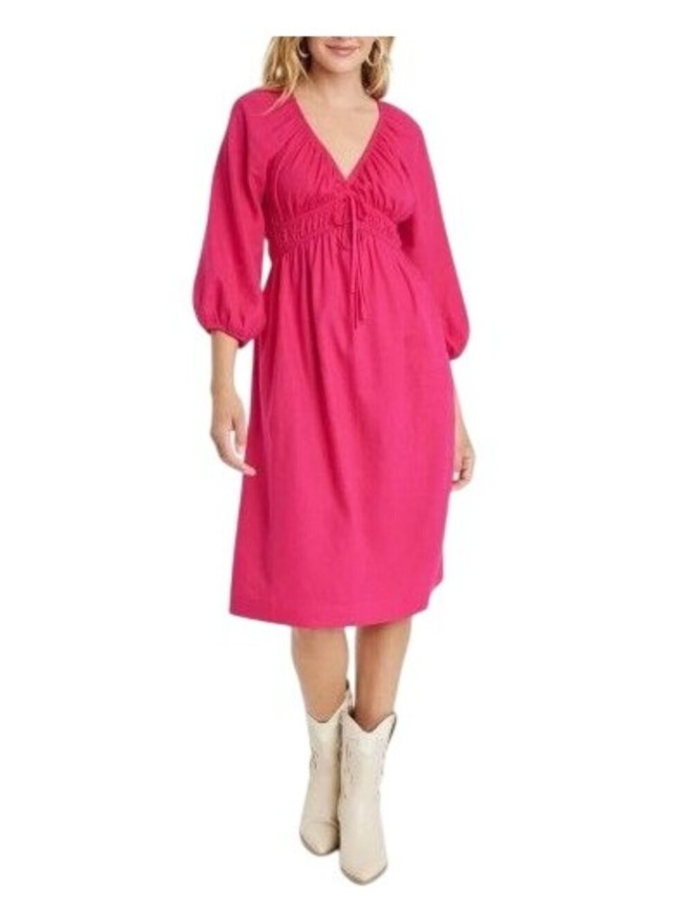 Universal Thread Tie Front Pink Dress Puff 3/4 Sleeve Midi V-Neck Linen Size S